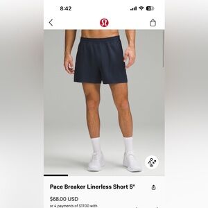 Lululemon Men’s 5” Pacebreaker Linerless Shorts Navy Blue